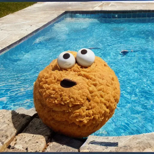 Prompt: cookie monster swimming in a pool