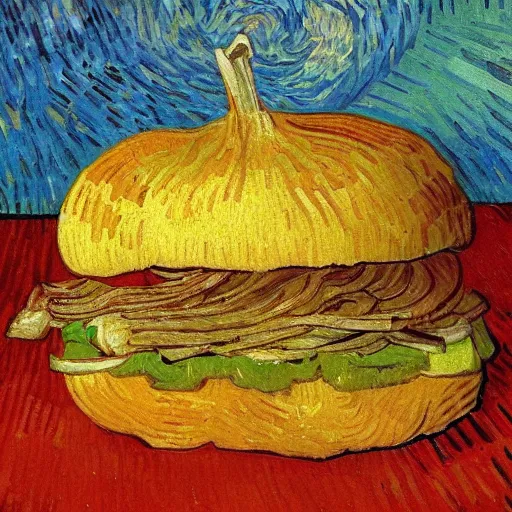 Prompt: onion steak sandwich painted by Van Gogh