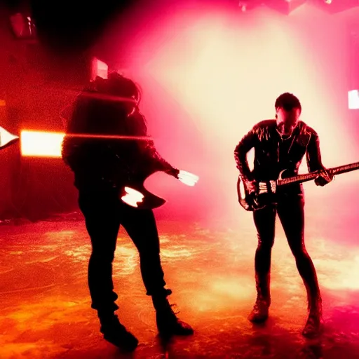 Image similar to dusty Trent Reznor smashing guitars, group of people on stage playing instruments, elaborate stage effects, dust, smoke, giant LED screens, colored projections, ultrafine detail, goth cybersuit, glowing thin wires, smoke, high contrast, projections, a screenshot by David Gilmour Blythe, holography, tesseract, volumetric lighting, anamorphic lens flare