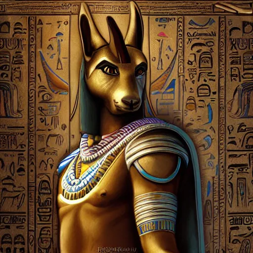 Image similar to Anubis God, Egyptians decor, very detailed, artstation, illustration, masterpiece, digital art, Oil Painting, Furry Art