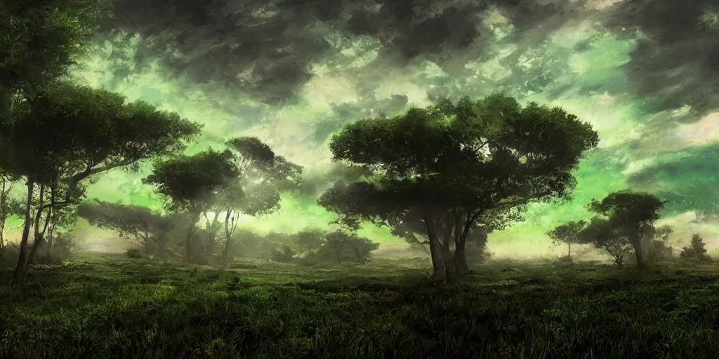 Image similar to digital art, trending on artstation, planet venus landscape, heavy green rain, nice lighting, perfect readability