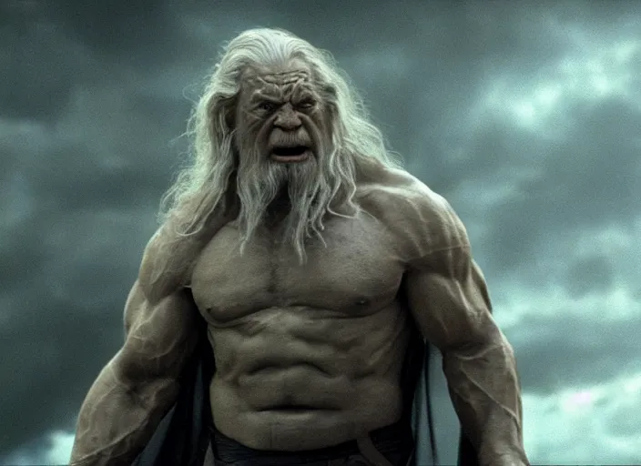 Prompt: the hulk starring as gandalf in lord of the rings, film still in the new batman movie, 4 k