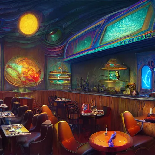 Prompt: The restaurant at the end of the universe, fantasy, vivid colors, elegant, concept art, sharp focus, digital art, Hyper-realistic, 4K, Unreal Engine, Highly Detailed, HD, Dramatic Lighting by Brom, trending on Artstation