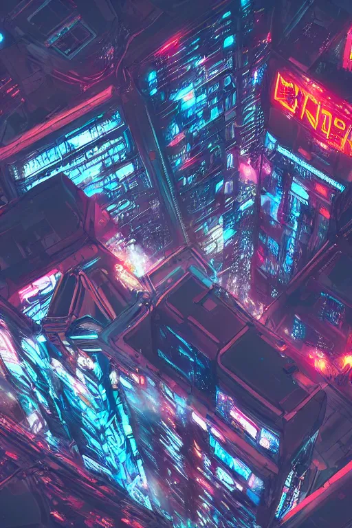 Image similar to cyberpunk city with a flight vehicle glowing in the sky, neon sign, bottom view, wide shot, bladerunner, digital illustration, concept art