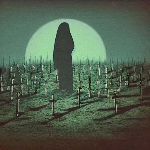 Prompt: low - quality vhs glitch art from 1 9 9 0 of a cg ghost wandering a moonlit cemetery