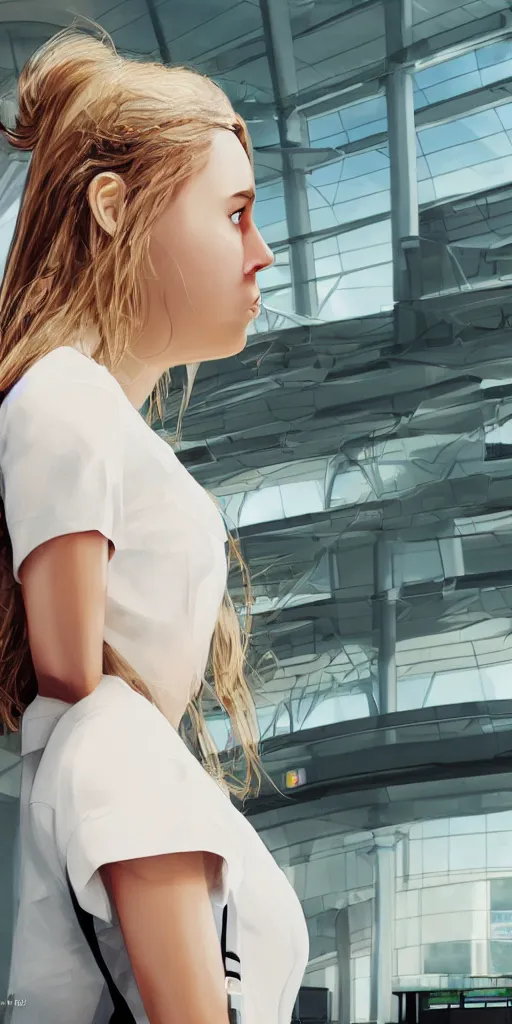 Prompt: beautiful european girl with wavy light blonde hair looking at the departure screens, background is atlanta international airport, the girl is wearing a white blouse, timid, confused, excited, style of mandy jurgens, graphic novel, high poly, realistic