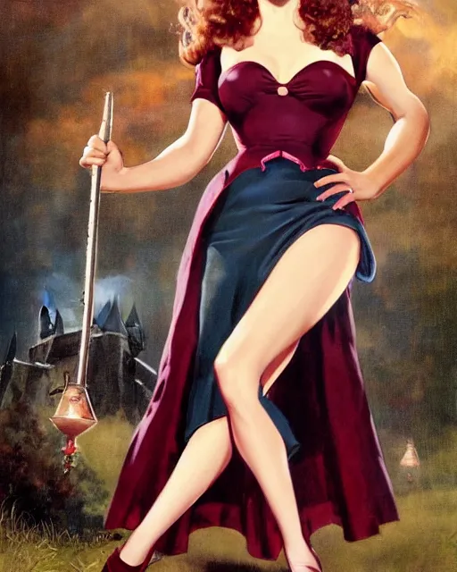 Image similar to pinup photo of hermione granger by emma watson in the crowded square of hogwarts, gil elvgren, enoch bolles, kezie demessance, glossy skin, pearlescent, very coherent, very detailed