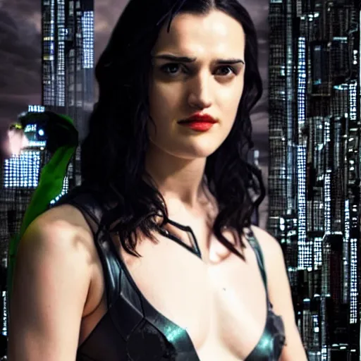 Image similar to Katie McGrath as Cyberpunk Morgana