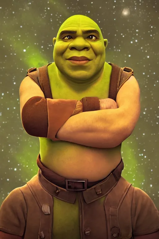 Prompt: portrait of Shrek as Hitler, Shrek-Hitler mixed, rule of thirds, captivating glowing lights, Star Trek setting, on interstellar space, photo realistic by Yaşar VURDEM , artstation, unreal engine, character concept art by Moebius, high quality printing