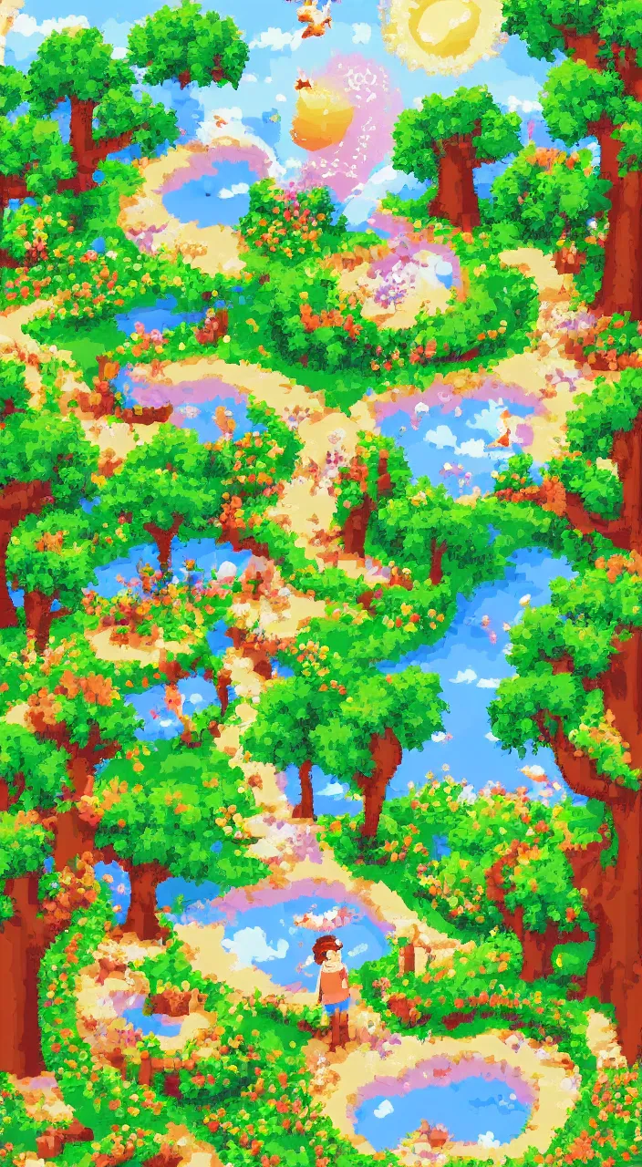 Image similar to a dreamy day in the park pixelart style