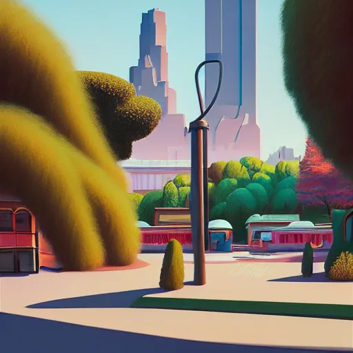 Image similar to pop - surrealist city painting, octane render, unreal engine, trees and pines everywhere, very nice pastel colors, lights and shadows, glowing hot sun, very coherent, houdini algorithmic generative art, painted by edward hopper, wayne barlowe, painted by james gilleard, airbrush, art by wlop, artgerm and james jean