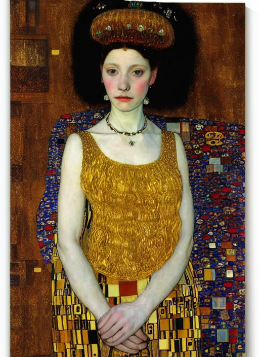 Prompt: portrait of young woman in renaissance dress and renaissance headdress, art by gustav klimt