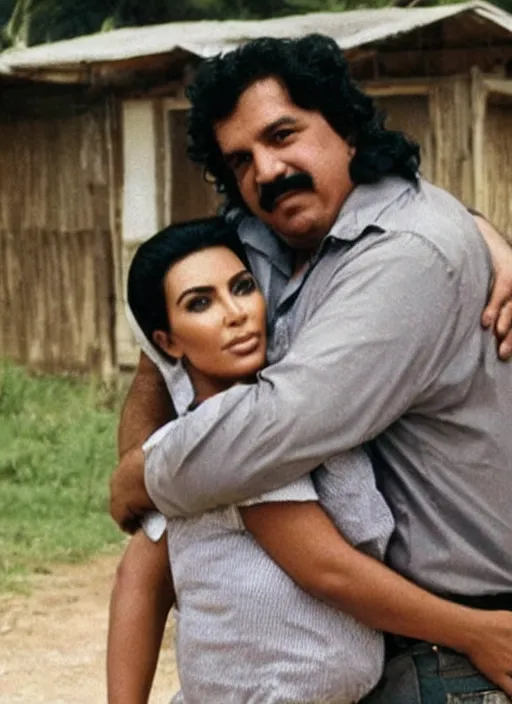 Image similar to film still of kim kardashian hugging Pablo Escobar, Pablo holding her waist, abandoned shack