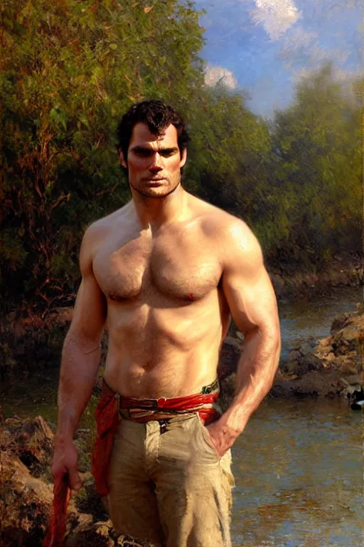 Image similar to henry cavill by river, painting by gaston bussiere, craig mullins