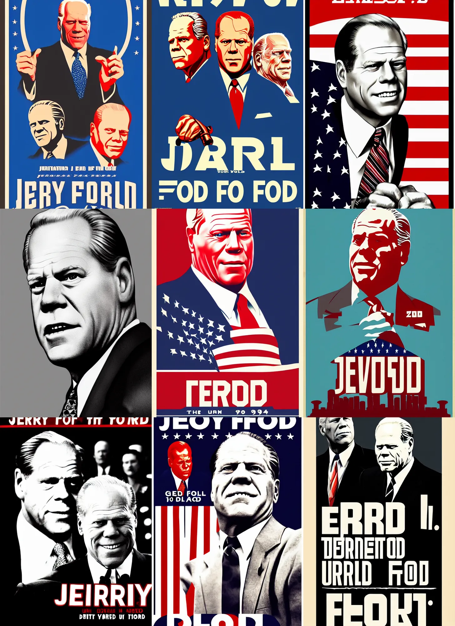 Prompt: jerry, gerald ford is the united states president, 1 9 4 0's movie poster, theatrical poster, vibrant fan art, digital art, trending on artstation, minimalist