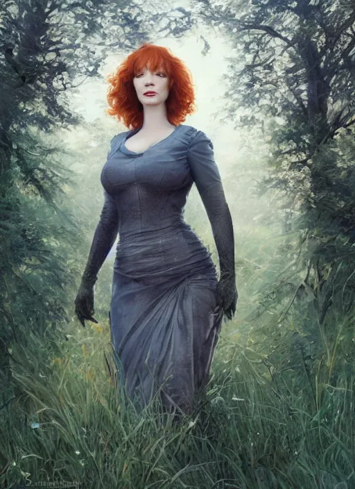 Prompt: Christina Hendricks taking a rest in a meadow after an long adventure, a ruggedly muscled handsome heroine, intricate, elegant, highly detailed, centered, digital painting, artstation, concept art, smooth, sharp focus, illustration, artgerm, donato giancola, Joseph Christian Leyendecker, WLOP, Artgerm, thunder storm