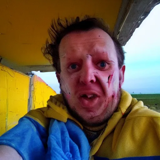Prompt: last selfie of frightened funny damaged to bones ukrainian in dirty yellow and blue rags, big nuclear explosion at background