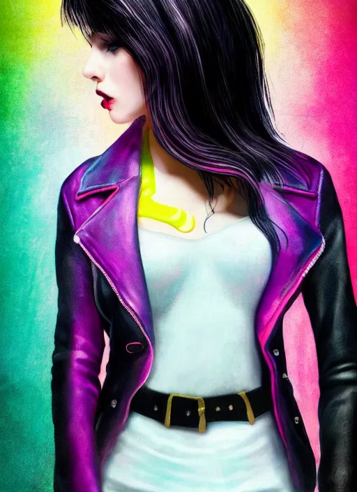 Image similar to a photo of 8 k ultra realistic a black haired female in high heels and a black leather jacket, pink, purple, green, yelow, red, blue, white neon, art by lise deharme