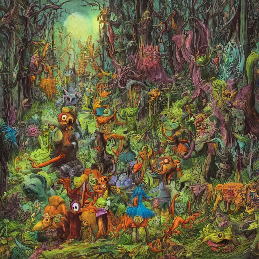 Image similar to a scene of colorful cartoon monsters in the clearing of a dark fantasy forest surrounded by darkness. hyperrealist illustration. muted colors. 1 9 7 0's pulp science fiction and fantasy cartoon for alice in wonderland and wizard of oz. richly colored painting by don ivan punchatz.