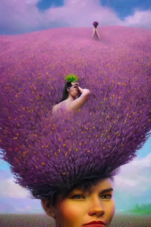 Prompt: closeup, large flower head mohawk, woman in heather field, surreal photography, starlight, storm clouds, impressionist painting, digital painting, artstation, simon stalenhag