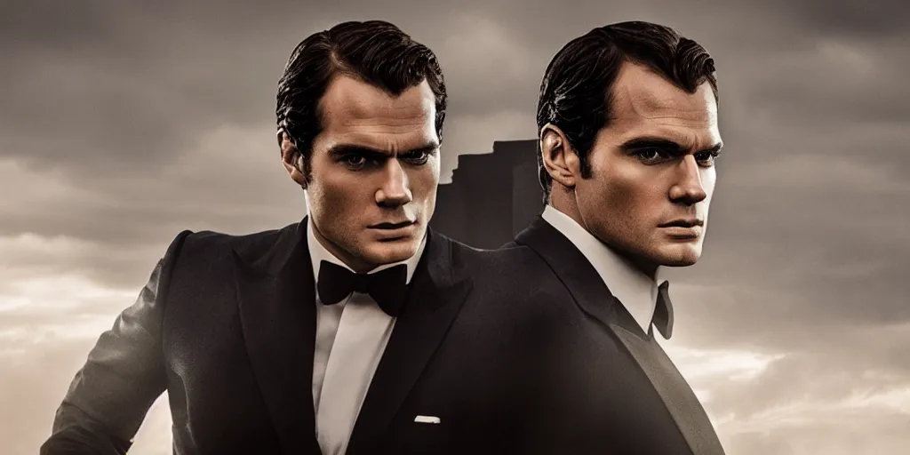 Prompt: still photo from henry cavill as james bond, red digital cinema 8 k