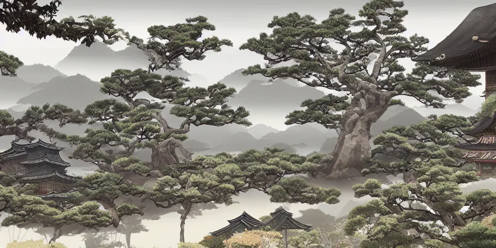 Image similar to digital painting of old japanese landscape with pagoda, curved trees and rocks, detailed, high quality, trending on artstation