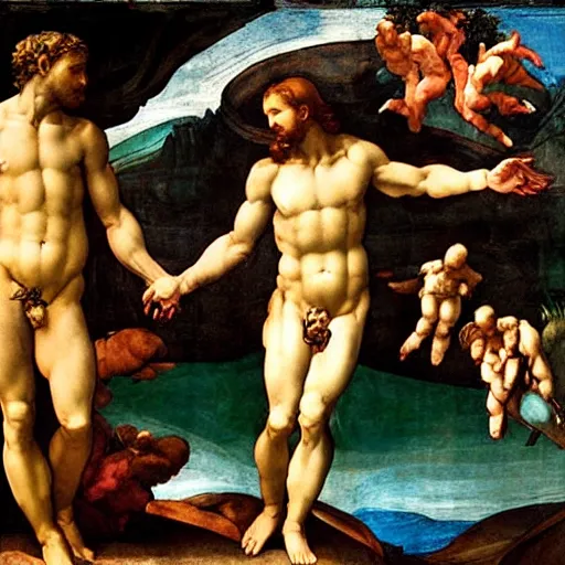 Prompt: Michelangelo's The Creation of Adam except God and Adam are women