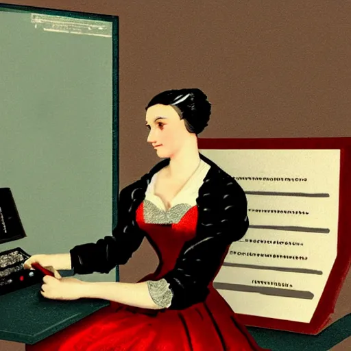 Prompt: Ada Lovelace coding on a quantum computer, retro science fiction vintage art, trending on artstation