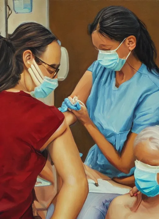 Image similar to oil painting of women getting vaccinated, high details, art by axion