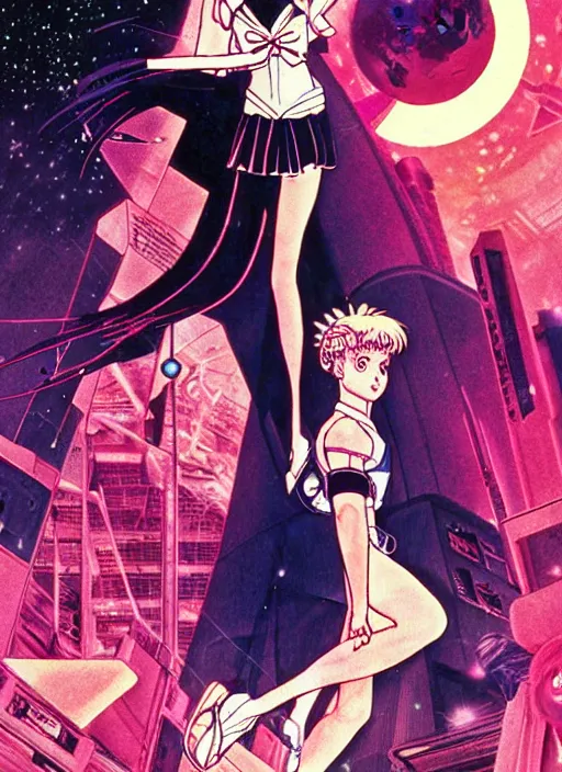 Image similar to illustration of sailor moon in the world of blade runner 1 9 8 2, poster in 8 0 s style, joao ruas style