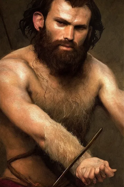 Image similar to renaissance painting full body portrait of a gruff ranger with a spear, lean and toned, handsome face, hairy chest and hairy body, D&D, intricate, elegant, highly detailed, digital painting, artstation, concept art, matte, sharp focus, chiaroscuro, well list, illustration, art by Artgerm and Greg Rutkowski and Alphonse Mucha