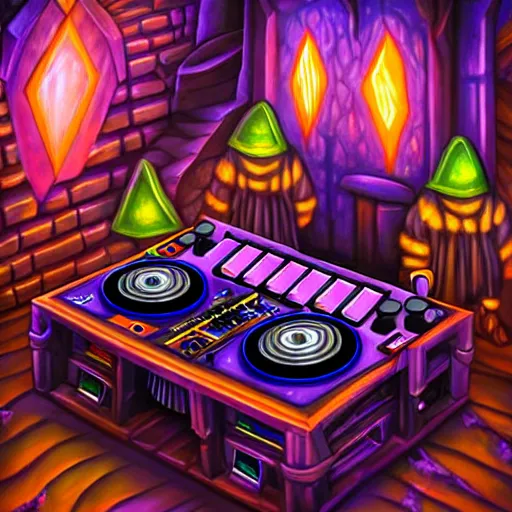 Image similar to fantasy painting of a dj set with turntable in a fantasy dungeon in the style of dnd,