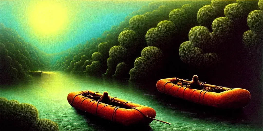 Image similar to A very detailed painting in the style of Beksinski featuring a river in Europe surrounded by trees and fields. A rubber dinghy is slowly moving through the water. Sun is shining