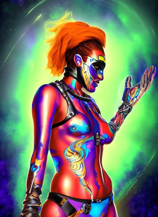 Image similar to iridescent bodypaint on a swashbuckling space pirate, she is wearing a futuristic space bounty hunter clothes, digital art