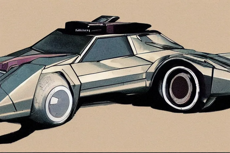 Image similar to Concept art of a 1980s wedge car. Dieselpunk.