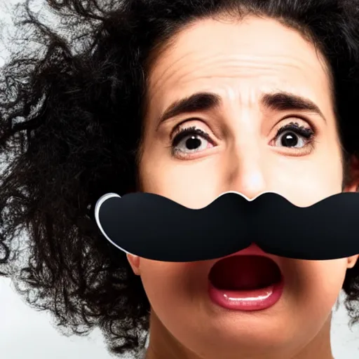 Prompt: a surprised woman with a moustache looks at the camera