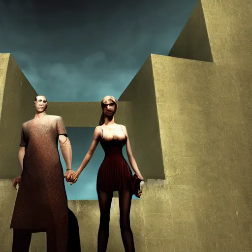 Prompt: a man and a woman standing next to each other, a screenshot by The Mazeking, deviantart, international gothic, xbox 360 graphics, dynamic pose, playstation 5 screenshot,