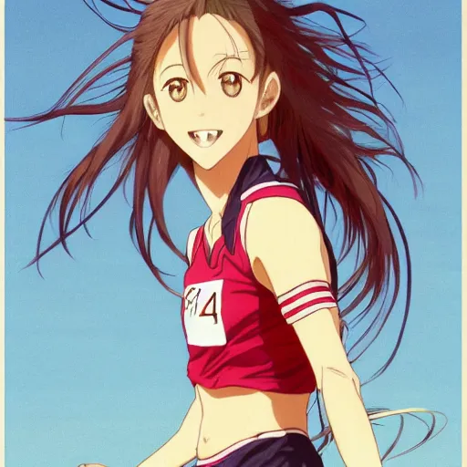 Image similar to a girl is running, sport clothing, anime style, long hair, hair down, symmetrical facial features, smiling face expression, from yowamushi pedal, hyper realistic, rule of thirds, extreme detail, detailed drawing, trending pixiv, realistic lighting, by alphonse mucha, greg rutkowski, sharp focus, backlit, high budget show