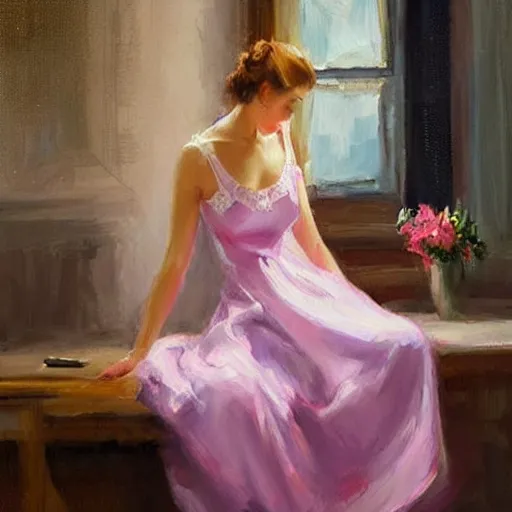 Image similar to woman in nightgown, painting by Vladimir Volegov