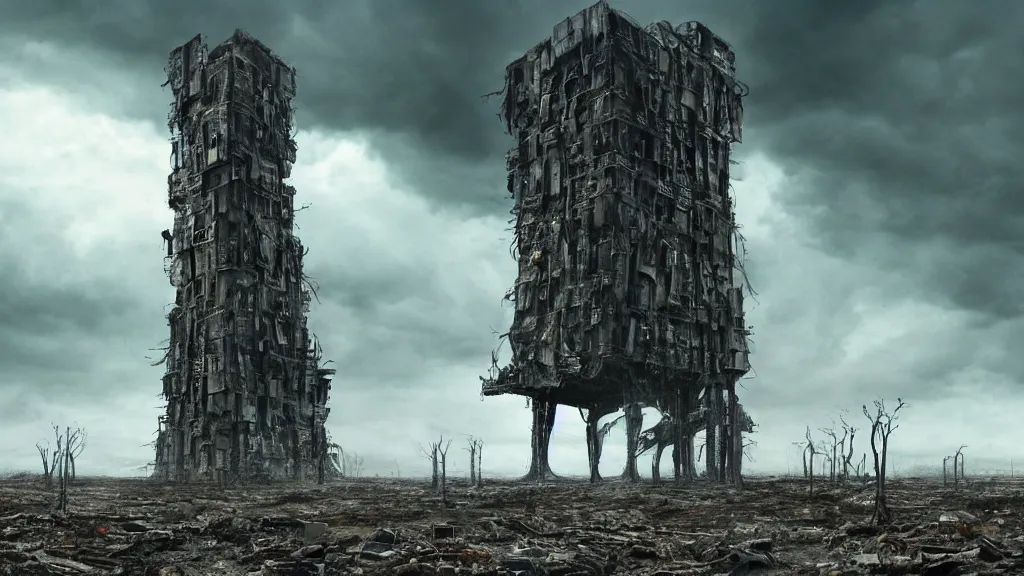 Prompt: giant evil bio-organic fleshy complex machine tower with tendrils and one eyeball at the top looking over a stormy post-apocalyptic wasteland, dystopian art, film still from the movie directed by Denis Villeneuve with art direction by Salvador Dalí, wide lens