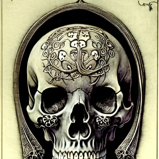 Image similar to melancholy memento mori by arthur rackham, detailed, art nouveau, gothic, ornately carved beautiful antique skull dominant, intricately carved antique bone, skulls, botanicals, art forms of nature by ernst haeckel, horizontal symmetry, arthur rackham, ernst haeckel