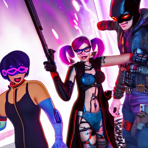 Image similar to cyberpunk Batman, Harley Quinn, Velma, and Shaggy in a platform fighting game