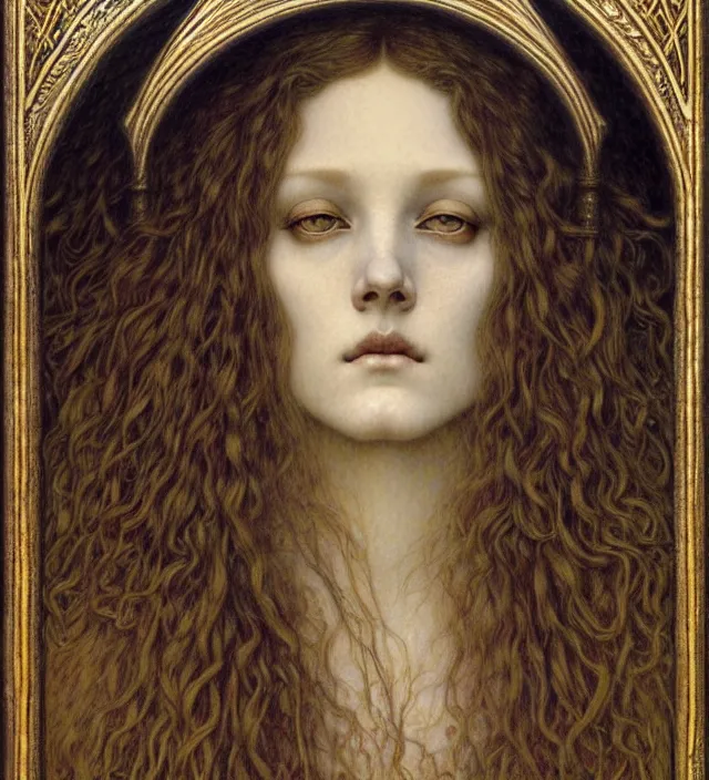 Image similar to detailed realistic beautiful young medieval queen face portrait by jean delville, gustave dore and marco mazzoni, art nouveau, symbolist, visionary, gothic, pre - raphaelite. horizontal symmetry