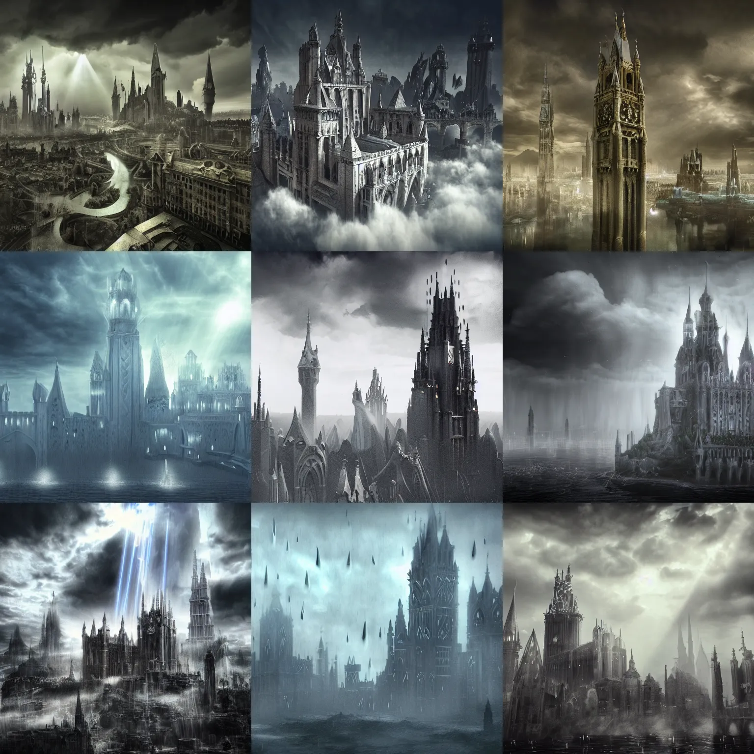 Prompt: fantasy city made from white stone, medieval city, metropolis, magic, high towers, waterways, gorgeous clouds, rain, white marble, god rays, digital art, landscape, fantasy art, Octane Render, Ureal Engine, high detail, very realistic, gloomy, midnight, vantablack, ambrotype, cyanotype, dark academia, gothic art, style of Blade Runner 2049, calotype, daguerreotype, style of Game of Thrones, gothic, style of Lord of the Rings, style of Nosferatu, polaroid, style of Stranger Things, tintype, by Greg Rutkowski. by James Gurney