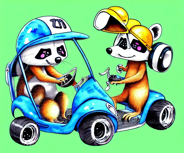 Prompt: cute and funny, racoon wearing a helmet riding in a tiny hot rod golf cart with oversized engine, ratfink style by ed roth, centered award winning watercolor pen illustration, isometric illustration by chihiro iwasaki, edited by range murata