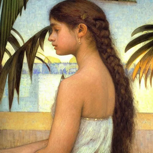 Image similar to a ultradetailed beautiful painting of a girl in the amazonas palace balustrade designed by jules bastien - lepage, tarsila do amaral, frank weston and gustave baumann, beach, trending on artstation, mediterranean, palm trees, hyper detailed face, sharp focus, soft light, 8 k 4 k