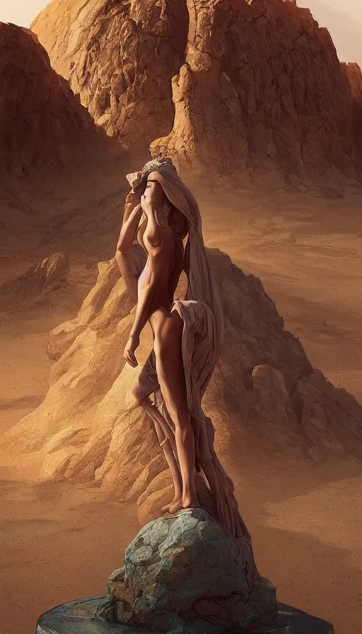 Prompt: giant stone monuments, human statues across the desert, neon, fibonacci, sweat drops, insane, pinup, intricate, highly detailed, digital painting, artstation, concept art, smooth, sharp focus, illustration, Unreal Engine 5, 8K, art by artgerm and greg rutkowski and alphonse mucha