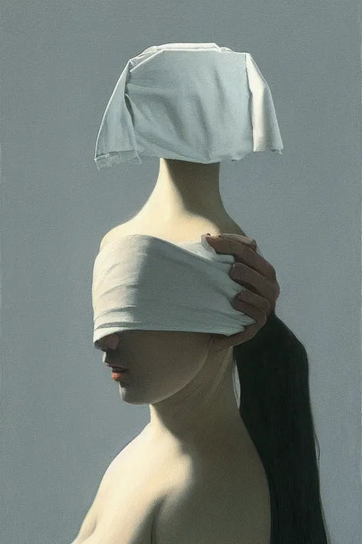 Image similar to Woman wearing oculus and toilet paper over his head, Edward Hopper and James Gilleard, Zdzislaw Beksisnski, highly detailed