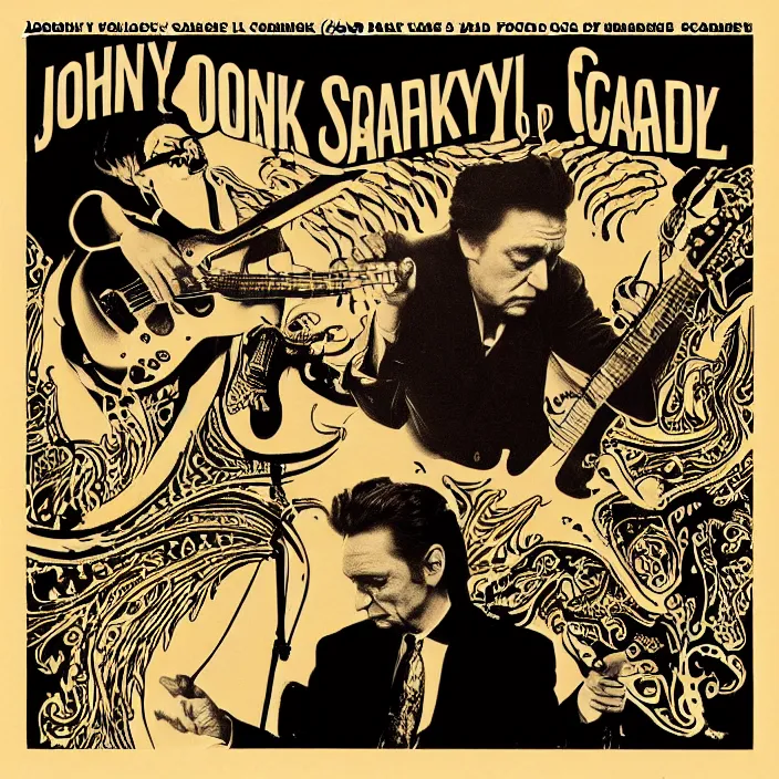 Prompt: album cover for the Johnny Cash and Snake Oil colab record. Snake oil, quackery, folk medicine, scamming, beautiful album cover with no text, Directed by David Cronenberg, snake oil