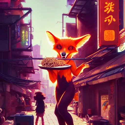 Image similar to splash art of cute female anthropomorphic vulpes vulpes fulva eating ramen noodles by a stand in the crowded street of a cyberpunk city : by weta, greg rutkowski, wlop, ilya kuvshinov, rossdraws, artgerm, octane render, liosh, mucha